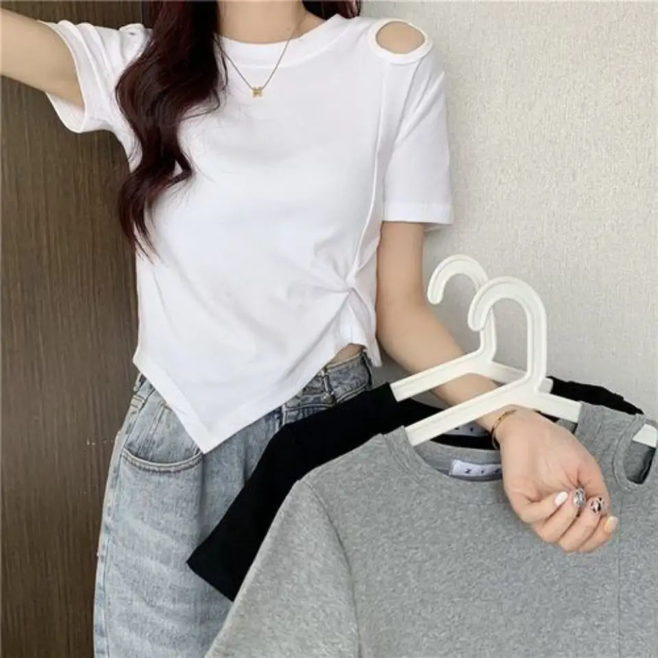 New Summer Fashion Y2K T-shirt Woman Hollow Out Sexy Crop Top High Waist Short Sleeve Tee Shirt Women Pleated Clothes Kpop
