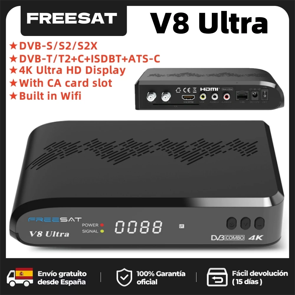 Receptor de TV Satelital FREESAT V8 Ultra 4K UHD, DVB-S/S2/S2X, DVB+T/T2/ISDB-T/Cable(J.83A/C)/ATSC-C(J.83B), Disponible en Almacén en España
