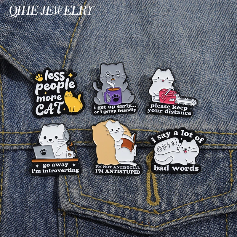 Cartoon Cat Enamel Pin Funny Social Anxiety Brooch Go Away I'm Introverting Keep Your Distance Lapel Badge Friend Jewelry Gifts