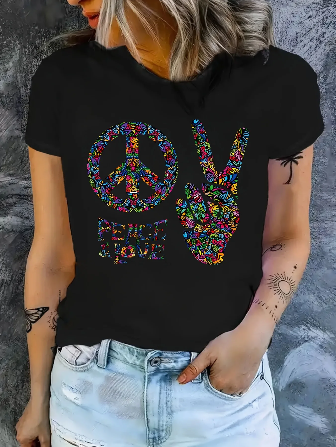 

Hippy Graphic Print T-shirt Sleeve Crew Neck Casual Top for Summer Spring Women's Clothing Summer Sleeved Harajuku Streetwear