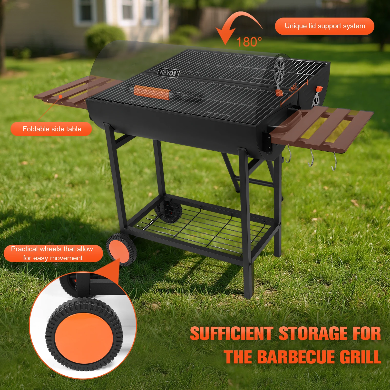 

Extra Large Barrel Charcoal Grill with 2 Foldable Side Tables Household Charcoal Stove for Backyard Patio Picnic Parties Camping