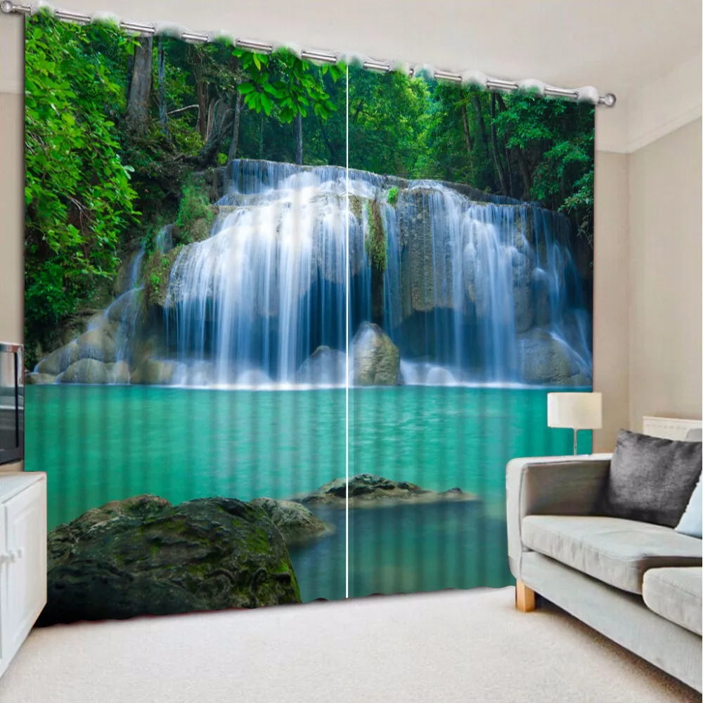 3D Curtain Photo Customize Size Green Forest Waterfall Curtains For Bedroom Curtains For Living Room Blackout Shade Window