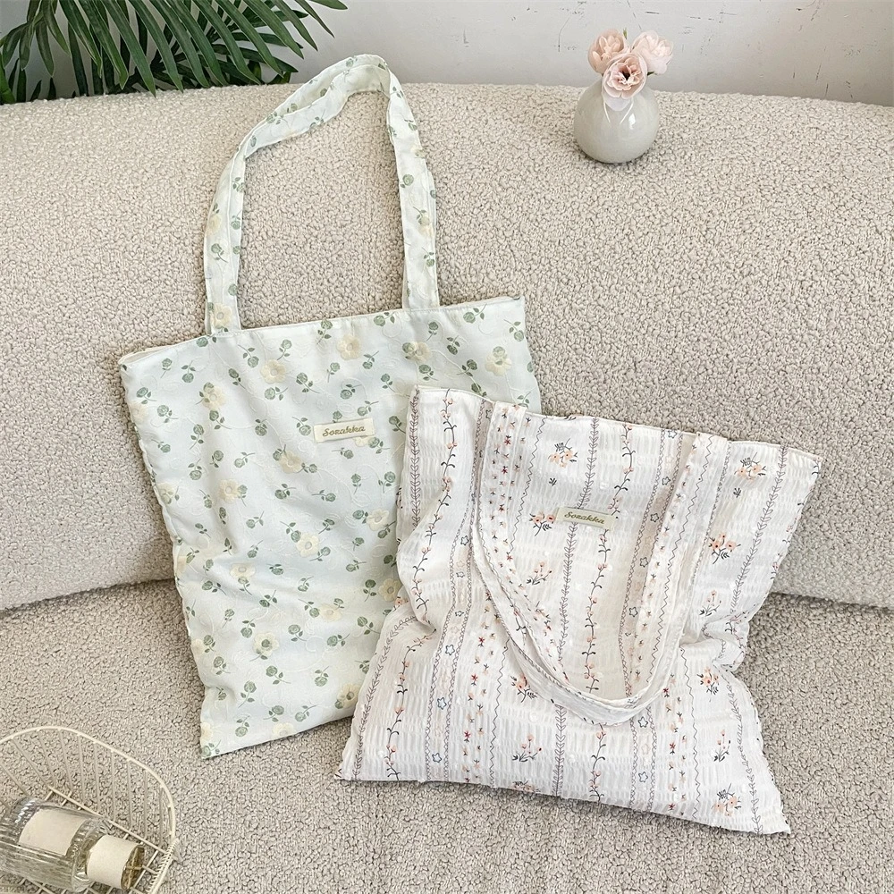 Korean Women Summer Fresh Flower Shoulder Bag Shopping Bag Books Tote Bags Female Eco Handbag Reusable Grocery Shopper Purse