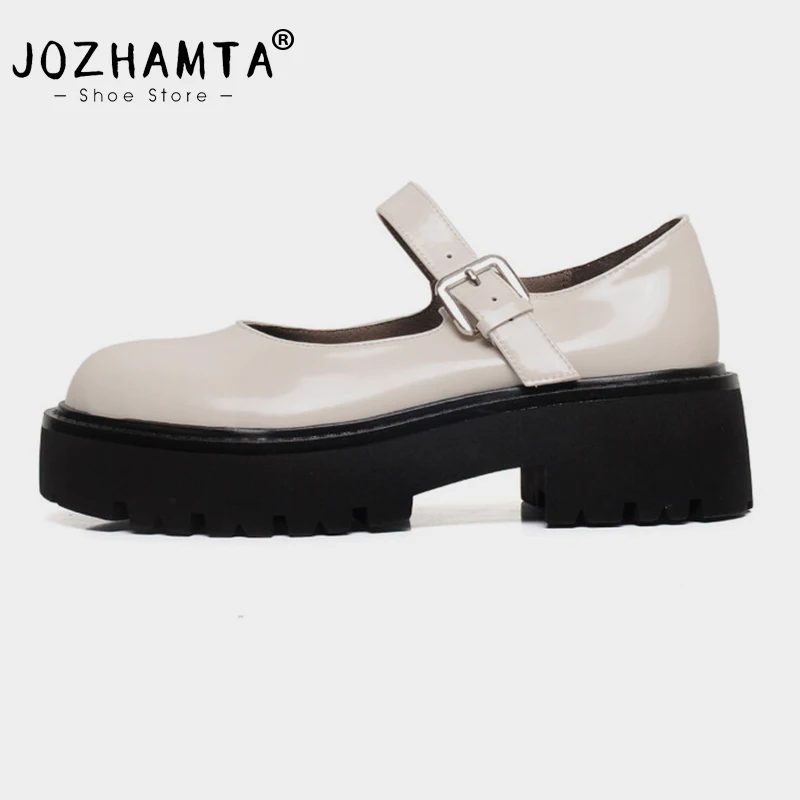 JOZHAMTA Size 34-40 Real Leather Women Pumps Buckle Strap Thick Heels Ins Platform Shoes 2025 Spring Casual Loafer Office Dress