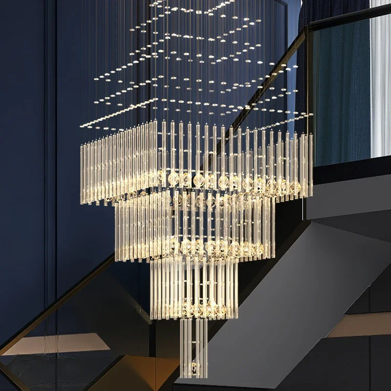 Imagem -04 - Luxo Grande Foyer Candelabro Sala de Estar Colunar Cristal Pendurado Lâmpada Base Quadrada Luminária Escadaria Loft Brilho