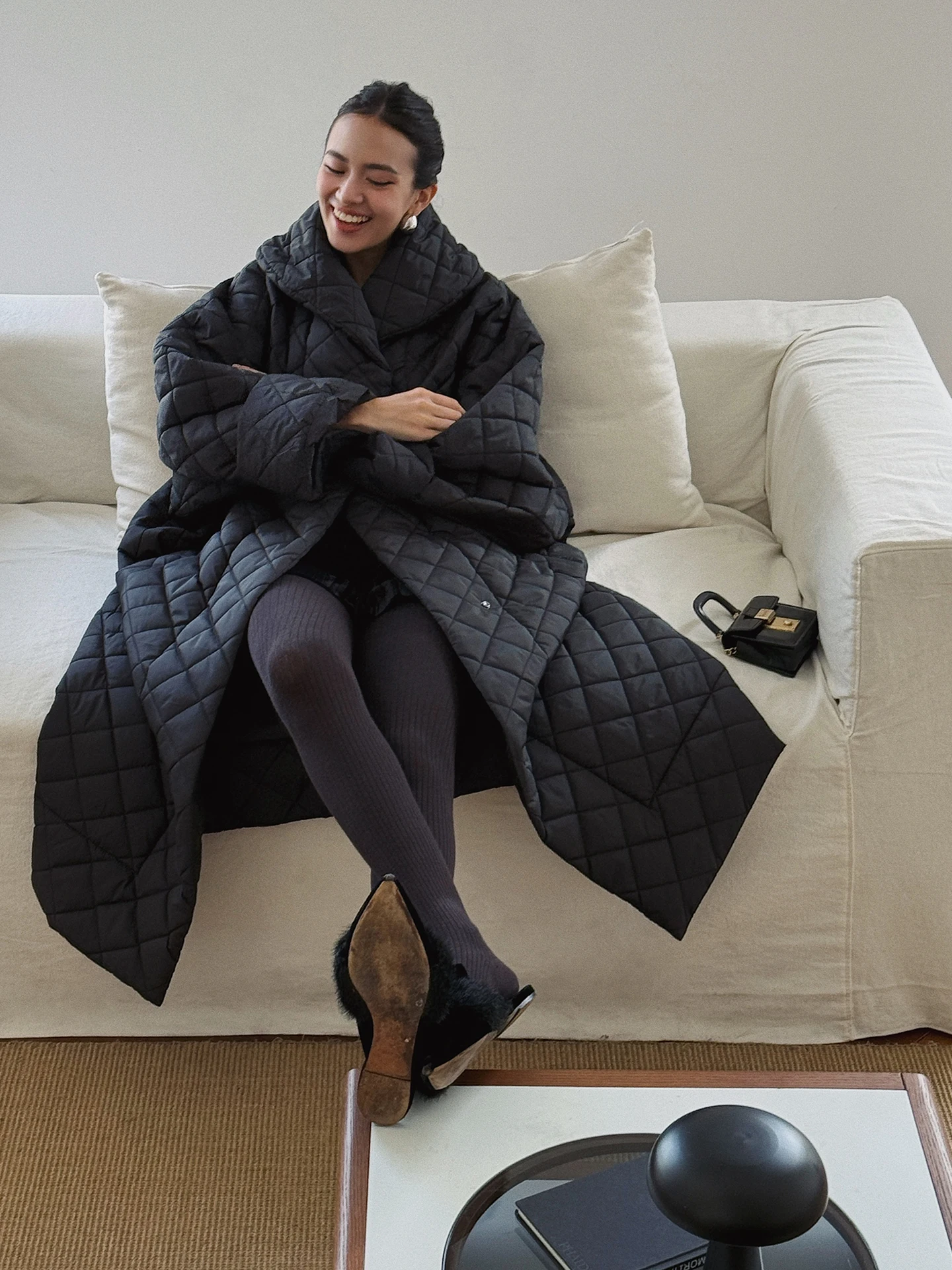 

SOTHEA Trendy mat Long Over-Knee Cotton Jaet Warm Outerwear with Stand Collar Quilted Design Straight Cut Commute Sle