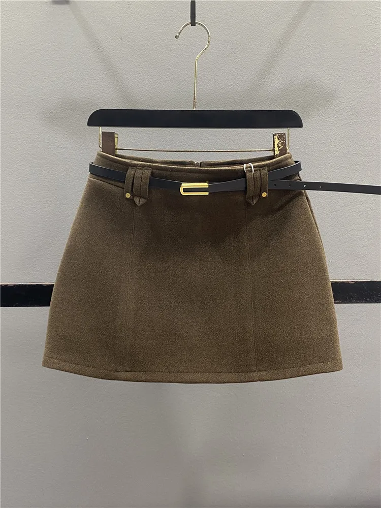 Orange Woolen A-Line  Skirt Women's Autumn Winter Slimming Versatile High Waist Zipper Casual Style Ladies Skirt