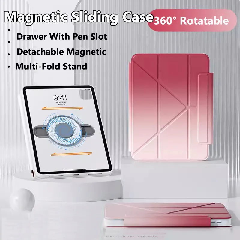 

Rotating 720 Magnetic Sliding Case for IPad Air 11" 2024 Air 6 5 4 Pro 11 10.2 9th 8th 7th Acrylic Case with Invisible Pen Slot