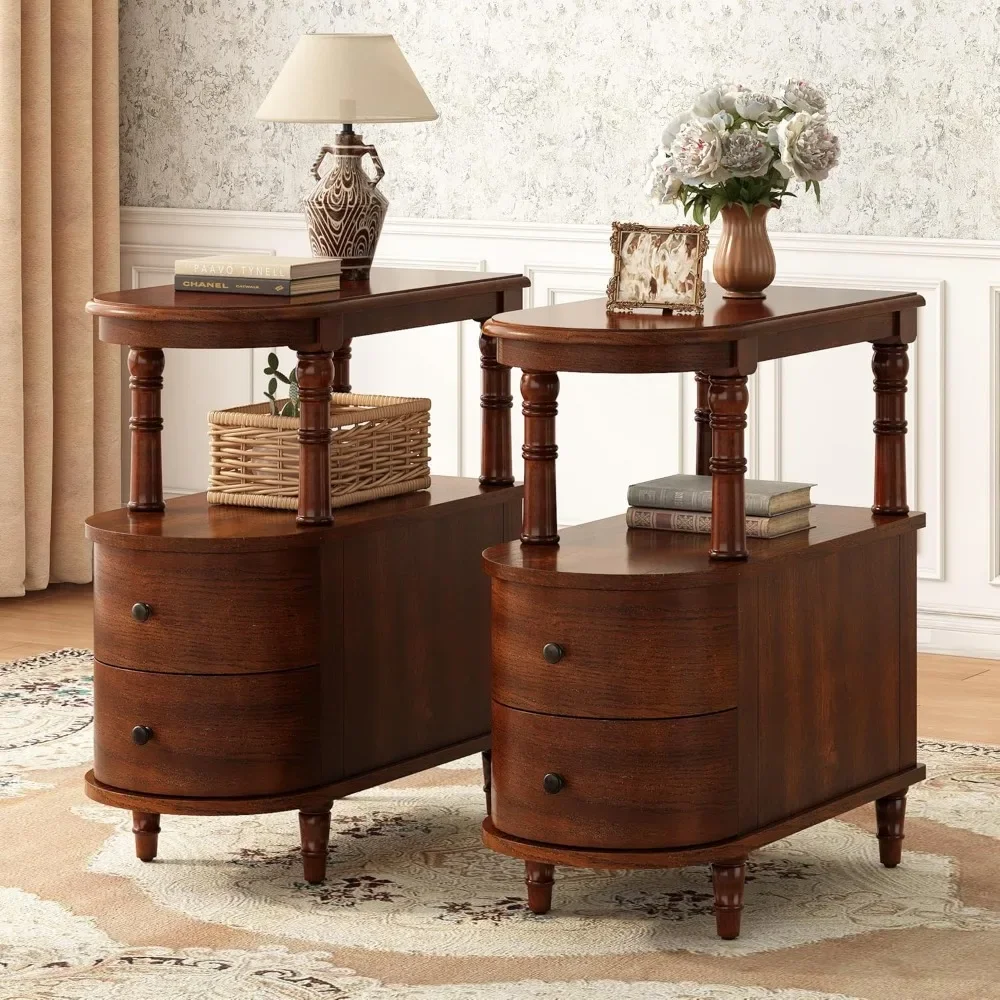 

Set of 2 Solid Wood End Table with 2 Drawers, Narrow Sofa Side Table Slim Chair Side Table with Storage Shelf, Vintage Slim