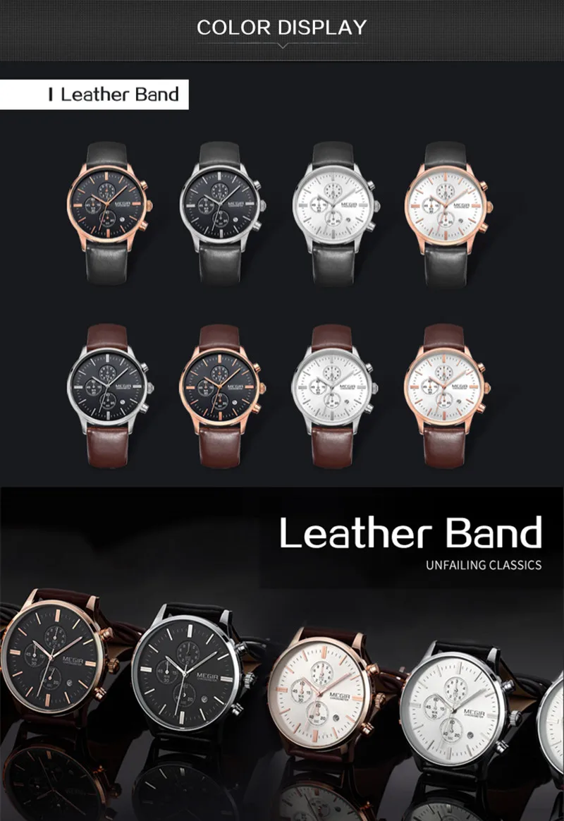 MEGIR Fashion Men Watches Chronograph Top Brand Luxury Sport Military Watch Leather Waterproof Quartz Wristwatch Male Clock 2011