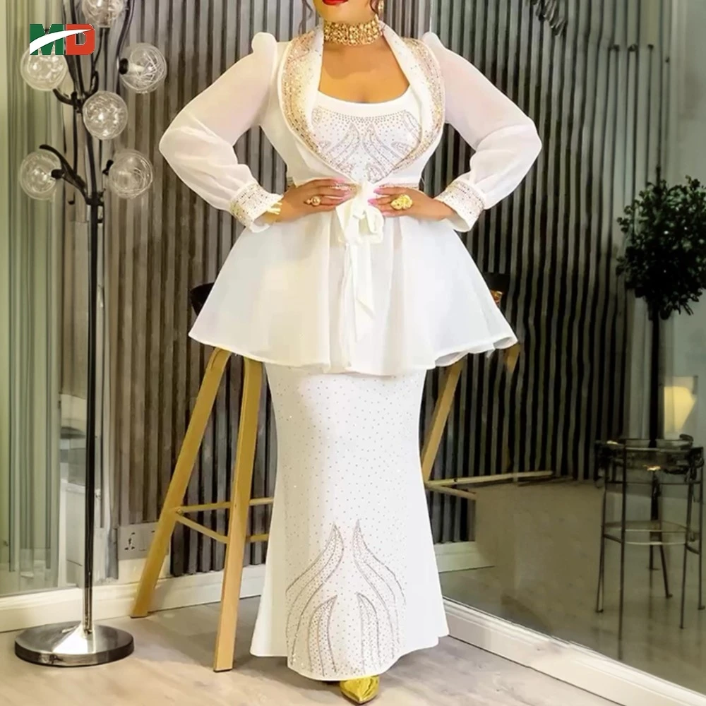 

MD 2026 2PCS Set Dashiki African Clothes for Women Diamond Evening Gown Plus Size Turkey Wedding Party Long Dresses with Coat