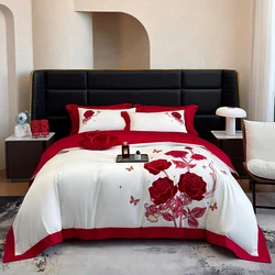 Egyptian Cotton Flowers embroidery Bedding Set Luxury Red Rose Princess Wedding Duvet Cover Bed Sheet Pillowcases Home Textile
