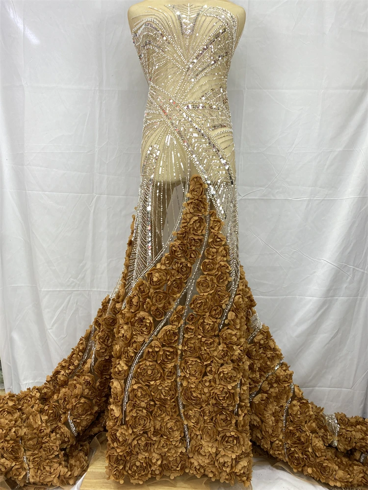 럭셔리 3D 꽃 레이스 원단 최신 스팽글 Tulle 레이스 원단 드레스 봉제를위한 수 놓은 Applique 나이지리아 비즈 원단