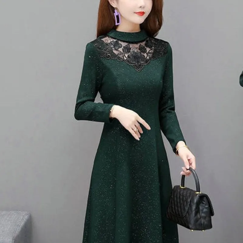 Women\'s Autumn Winter Fashion Solid Color Standing Neck Lace Hollow Temperament Versatile Long Sleeved Slim Fit Mid Length Dress