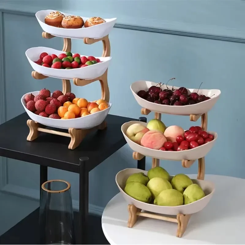 

Three Layer Table Plates Dinnerware Wooden Kitchen Fruit Bowl with Floors Partitioned Dish Snack Candy Cake Stand Salad Bowl