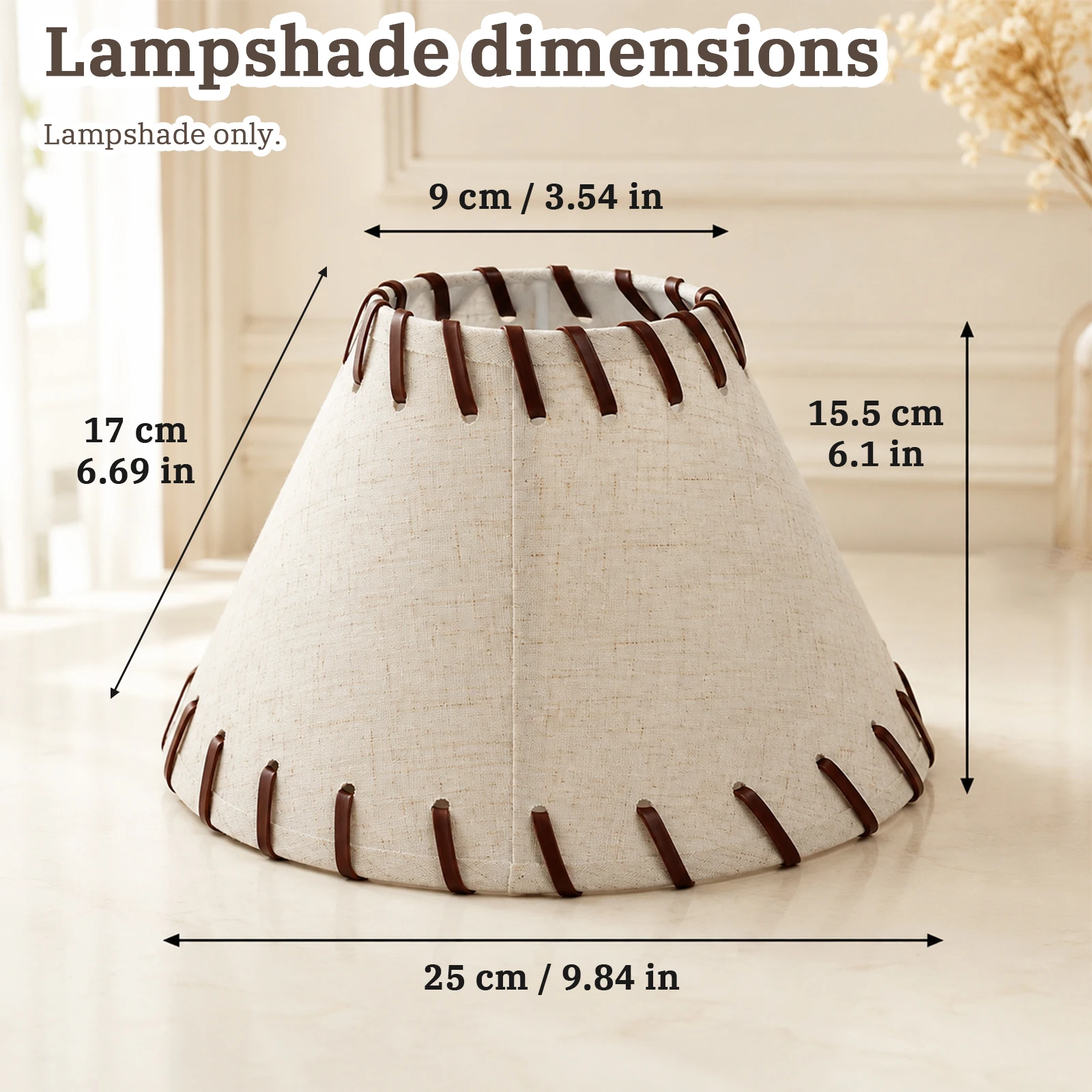 Linen Lamp Shade, Cream Conical, Brown Leather Lace Trim, Table Wall Cover, Rustic Farmhouse
