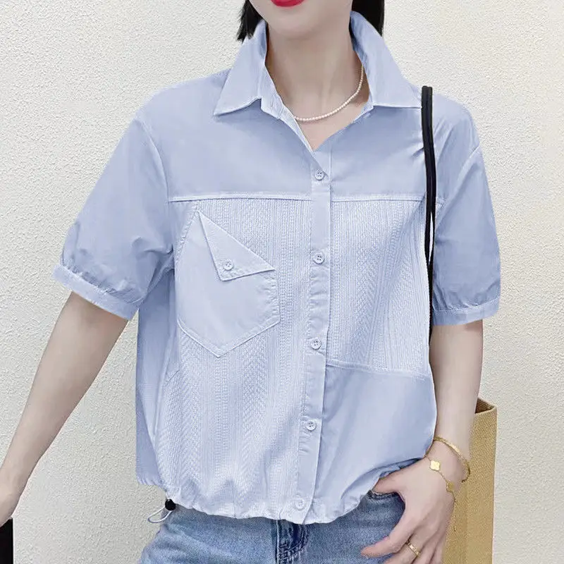 Summer Office Lady Korean Style Loose Casual Women\'s Shirt Open Stitch Solid Color Button Pockets Lapels Short Sleeve Chic Tops