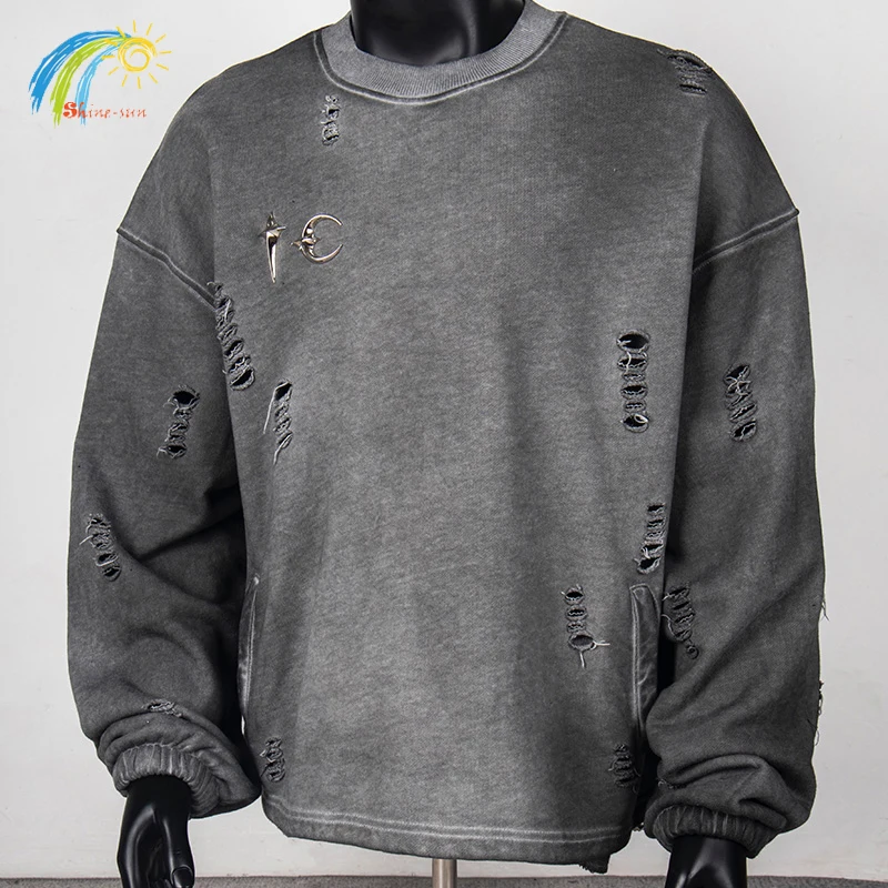 

Vintage Washed Gray Black White Damaged Hold Pullovers Men Women Top Quality Cotton Classic Metal LOGO THUG CLUB Sweatshirts