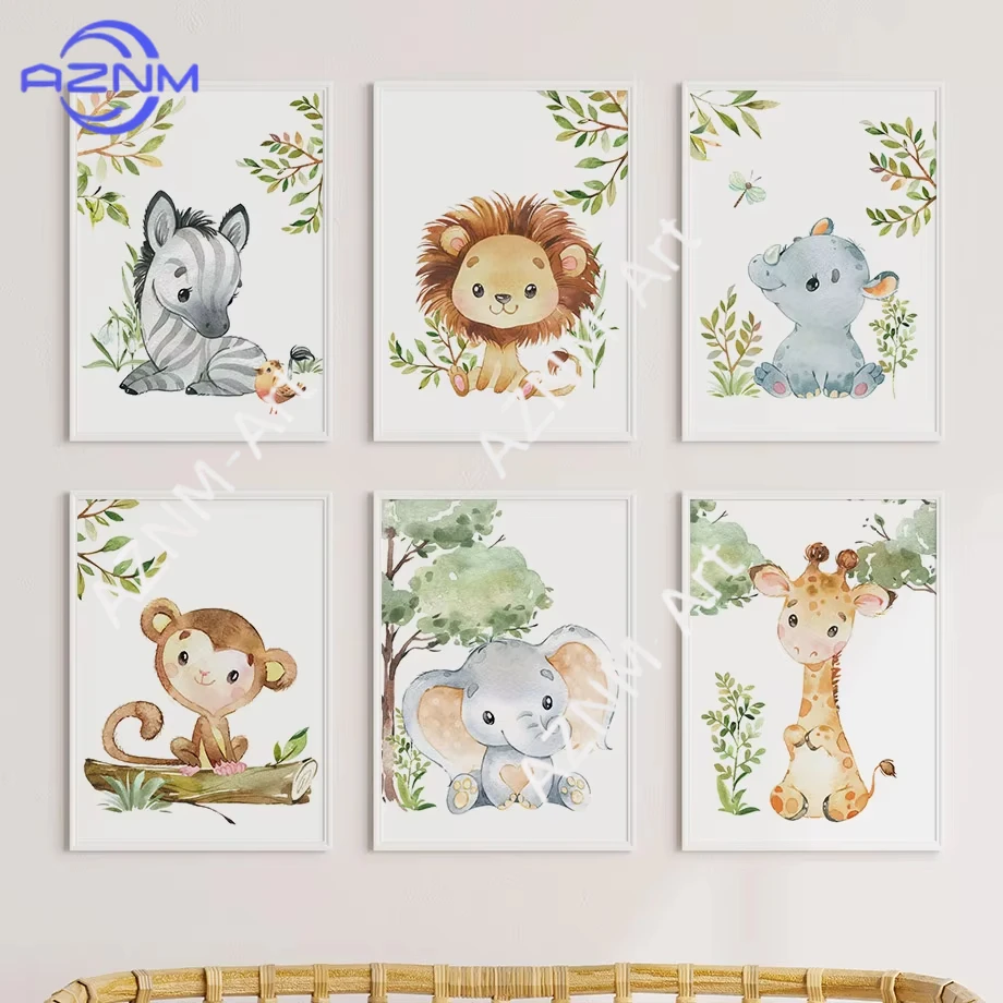 Affiche murale pour chambre d'enfant, 1/6 pièces, motif animaux aquarelle (Lion, Zèbre, Singe, Rhinocéros), impression sur toile, tableau mural, décoration de chambre d'enfant