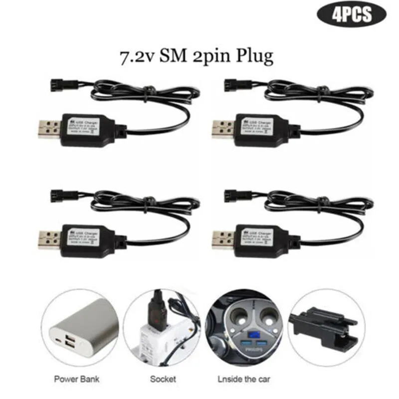 4Pcs 7.2V USB Charging Cable NI-MH Battery Charger SM 2P Plug For RC Car Battery