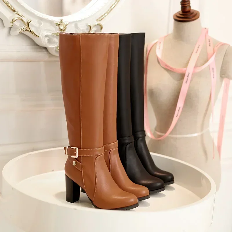Winter Plush Knee High Boots for Women Black Brown Quality PU Block Heels Office Party Dress Lady Punk Buckle Zipper Long Boots