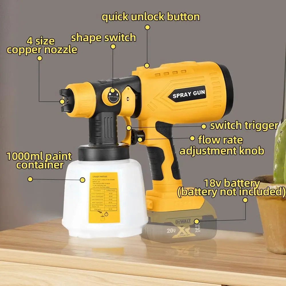 Paint Sprayer for Dewalt 20V Max Battery 200W Motor, 4 Copper Nozzles, HVLP for Interior/Exterior Home Painting (No Battery)