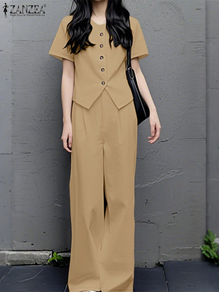 

ZANZEA Elegant Office 2PCS Outfits Wide Leg Pants Women Commute Korean Fashion Pant Sets O-Neck Short Sleeve Shirts 2 Piece Sets