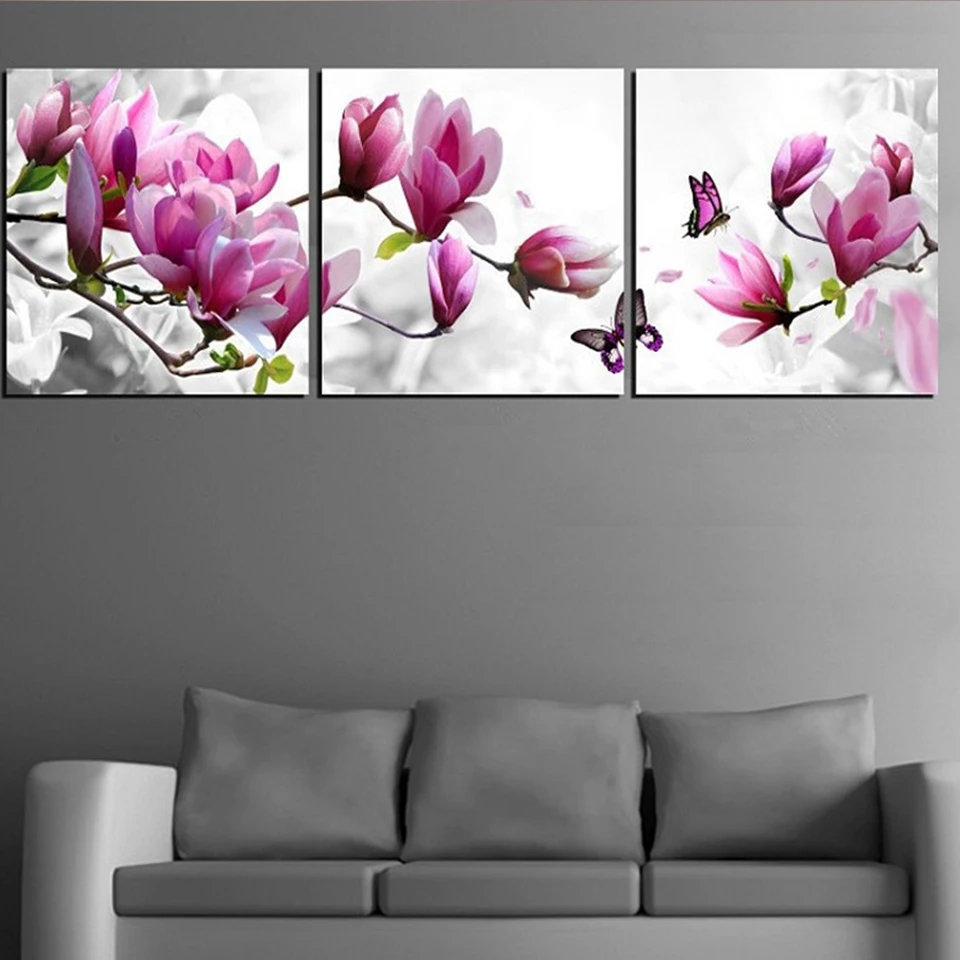 full square/round drill Triptych 5d diy diamond painting 3 Pieces Purple Pink Tulip Flower Butterflies mosaic embroidery kit