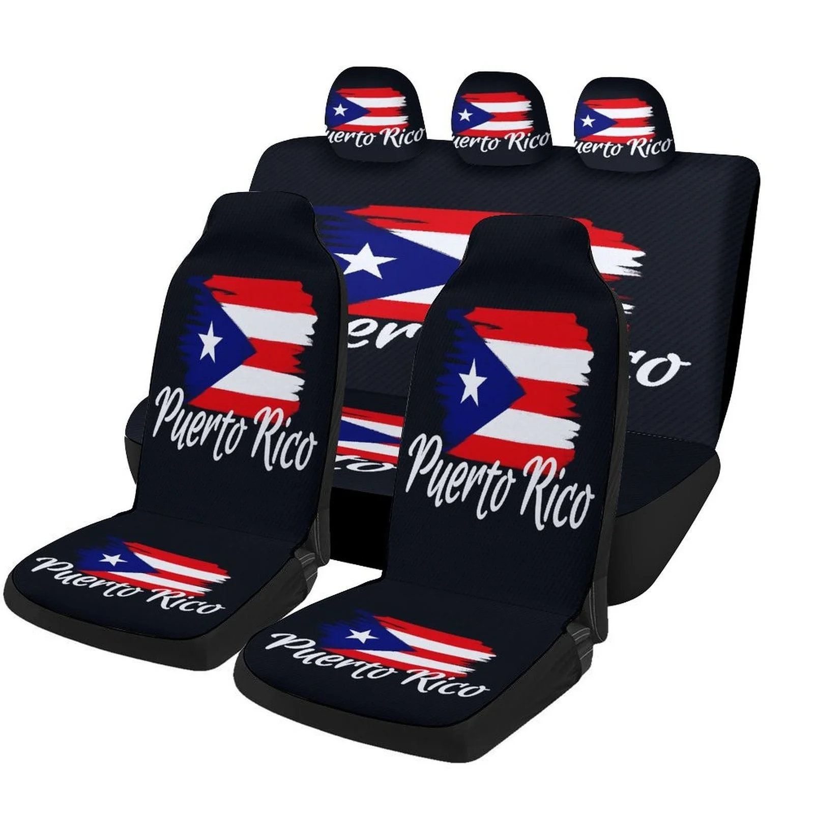Puerto Rico Flag Car Seat Cover Set - Stylish Black With White & Red Design, Durable, Machine Washable, Fits Most Cars, Includes