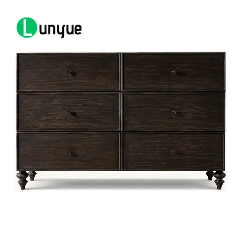 American Vintage 6 Drawer Solid Oak Wood Dresser Eco Friendly Dark Finish Rotary Legs Storage Cabinet for Bedroom Living Room