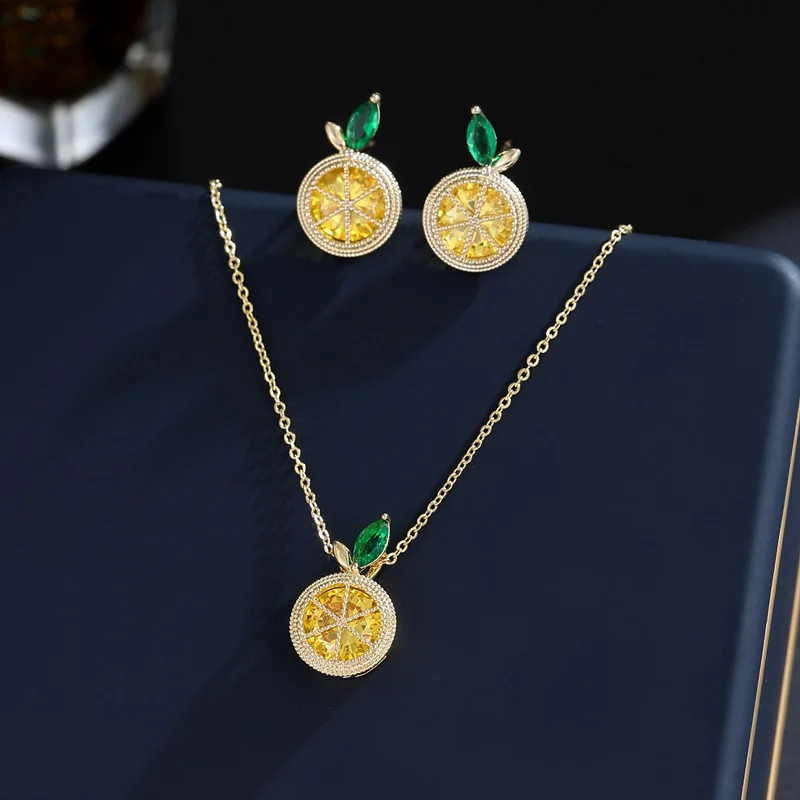

Summer New Jewelry Set Super Fairy Sweet Temperament Girl Heart Fresh Fruit Lemon Collarbone Chain Necklace Earrings