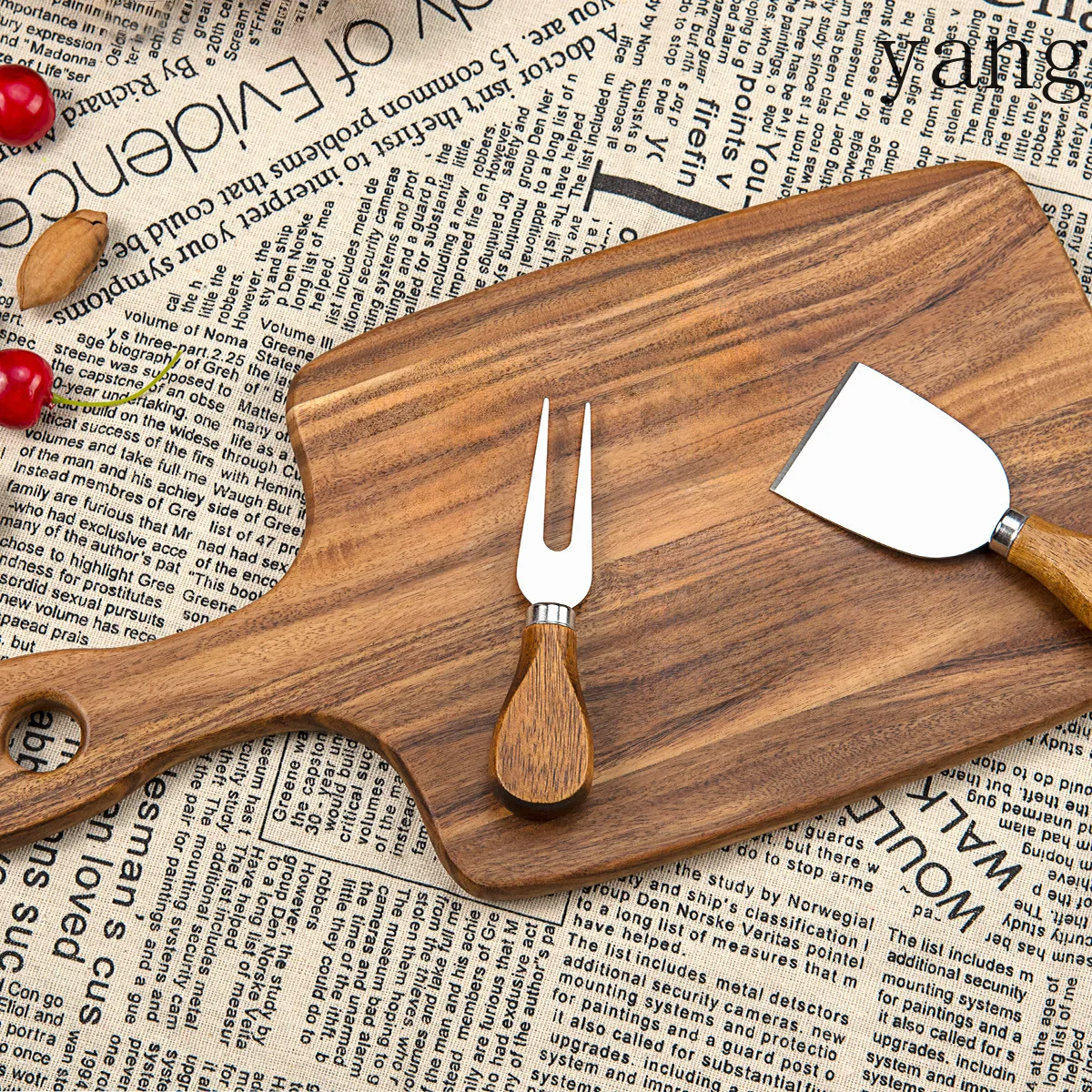 LMM retro wood grain solid wood cutting board with handle household double-sided portable baking small tray