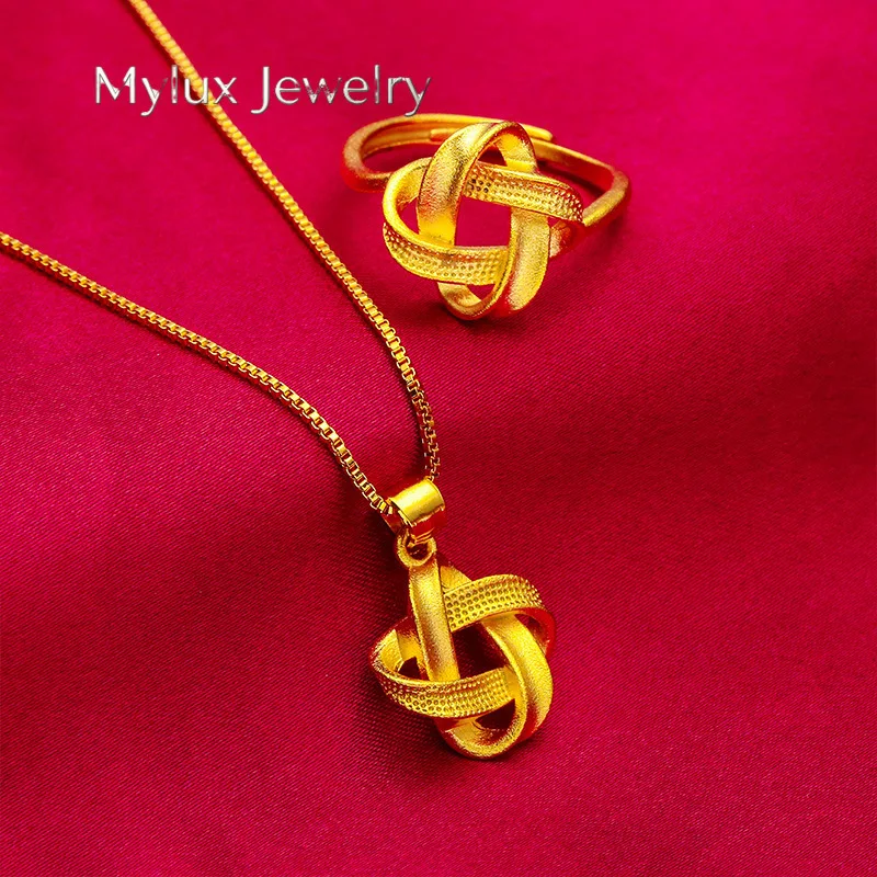 

Mylux Jewelry 24K Golden Twist Ring Necklace Set AU999 Full Gold, Three-dimensional Twist Weaving, Daily Stacking