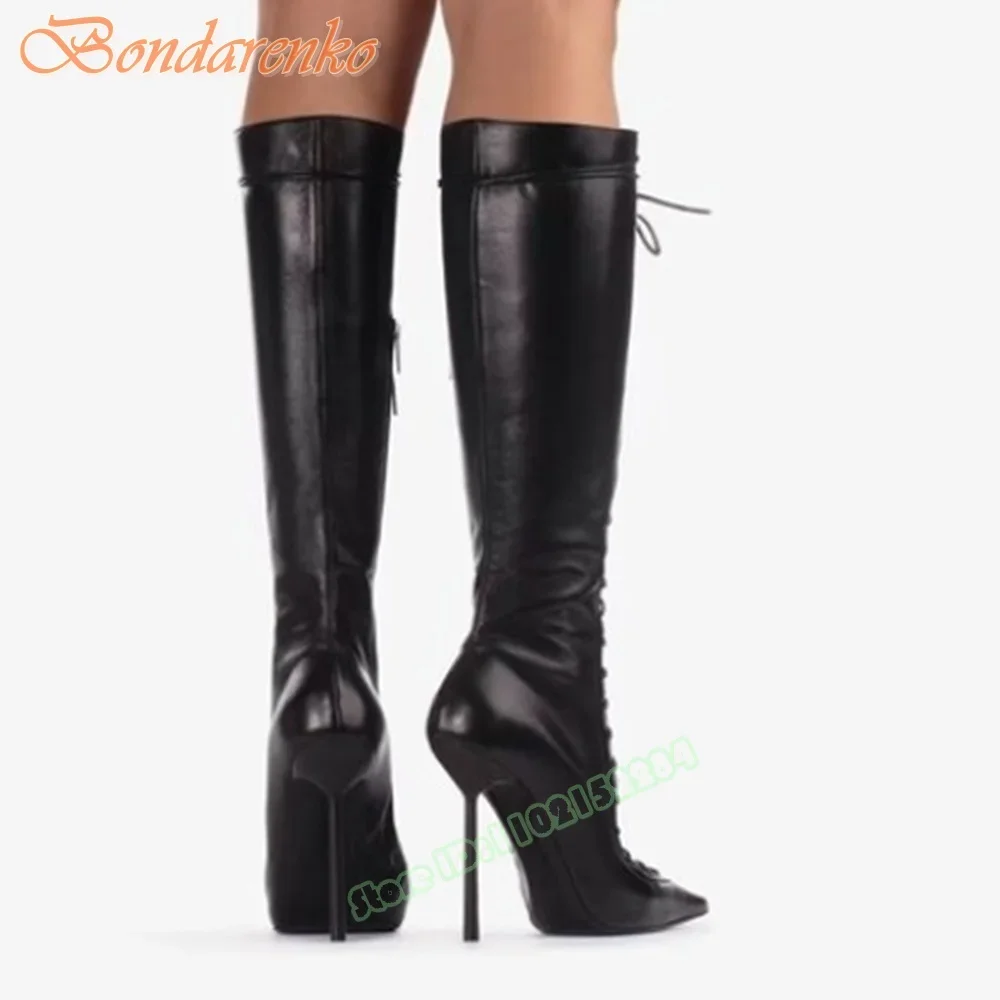 Pointed Toe Cross Straps Boots Metal Thin High Heels Hollow Women Shoes Lace Up Knee High Boots Autumn Fashion Shoes Party Solid