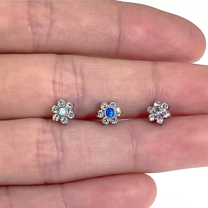 1Pc 16g Opal & Zircon Flower With Titaniuim Base Micro Dermal Ball Micro Dermal Anchor Piercings Surface Piercing jewelry
