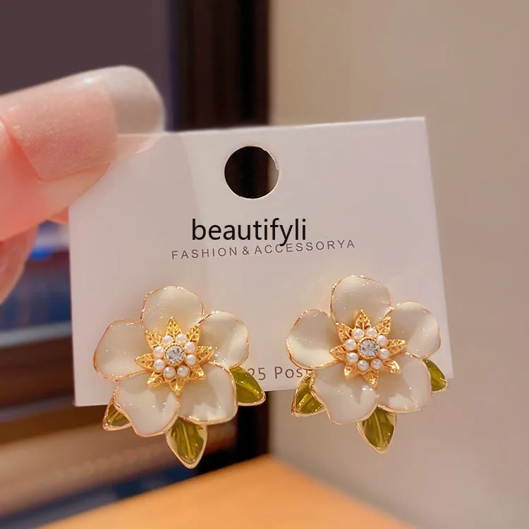 Korean premium French retro drip glaze flower earrings design light luxury stud earrings