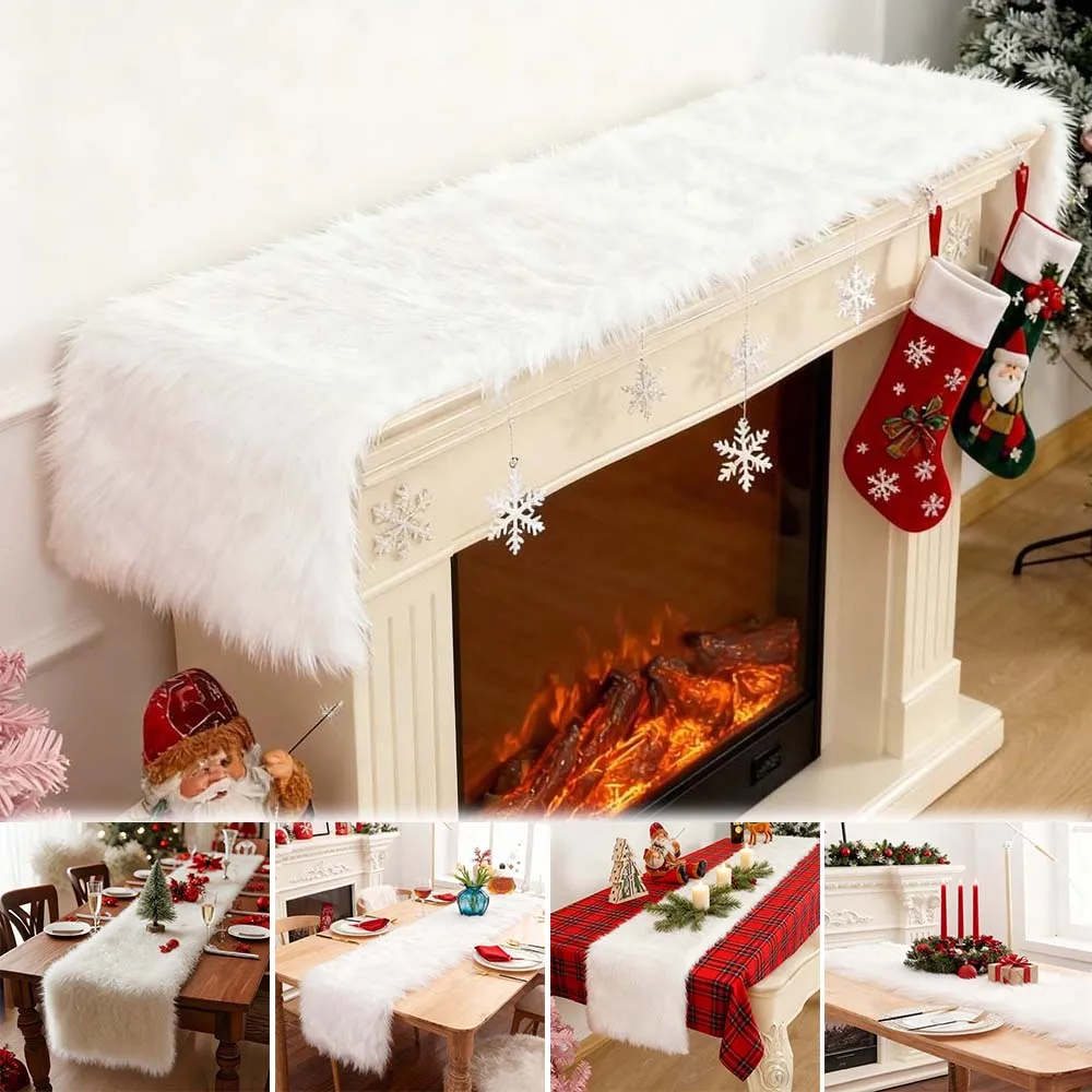 

Winter Warm White Fluffy Fleece Table Runner Christmas Holiday Table Decor with Plush Dining Cloth for Kitchen Living Room Kerst
