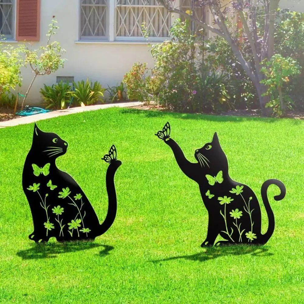 

Garden Cat Ornaments Iron Art Cat Garden Stake Animal Cute Animal Plug Stakes Plug-In Hollowed Out Cat Ground Stake Halloween