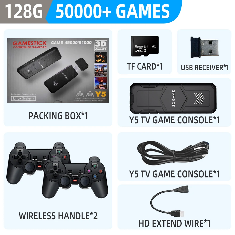 

Y5 Retro Tv Game Stick 64G/128GB 45000+Games 2.4G Wireless Controller 4K HD Video Console Support Multiplayer PS1 Family Portabl