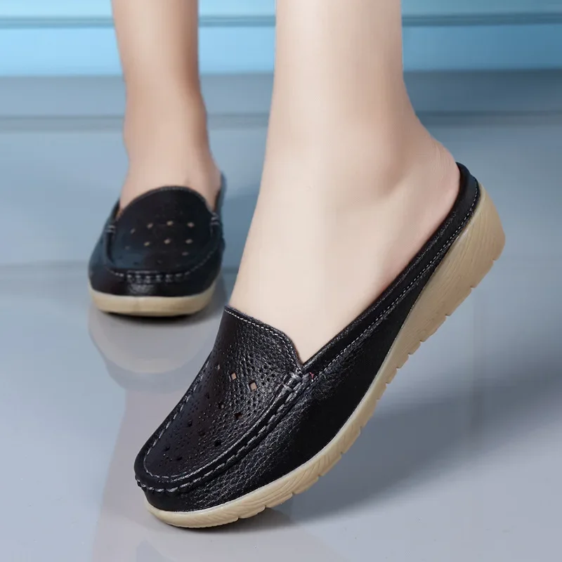 Summer New Women Wedge Slippers Leather Hollow Slip-On Loafers Vintage Casual Anti-slip Premium Slippers Moccasins Half Slippers