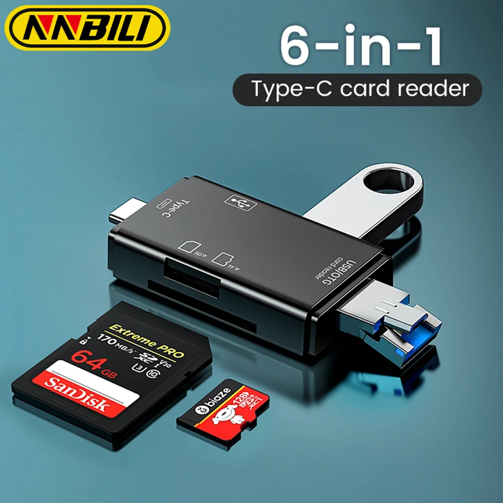 NNBILI 6 in 1 Card Reader OTG Type C Micro SD Card Reader Flash Drive Smart Memory Card Reader USB 2.0 TF CF Cardreader Adapter