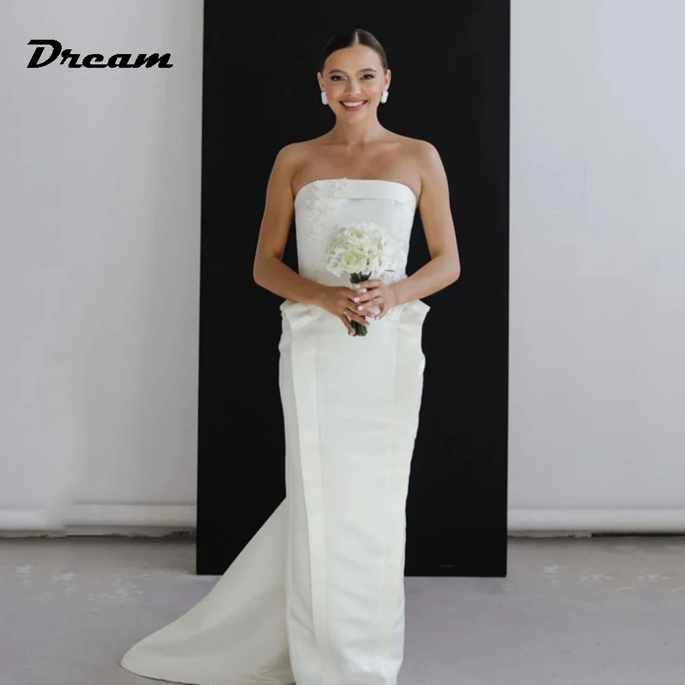 

DREAM Satin Appliques Wedding Dress For Women Strapless Ruffles Bridal Gowns Backless Sweep Train Vestido Novia Boda Custom Made