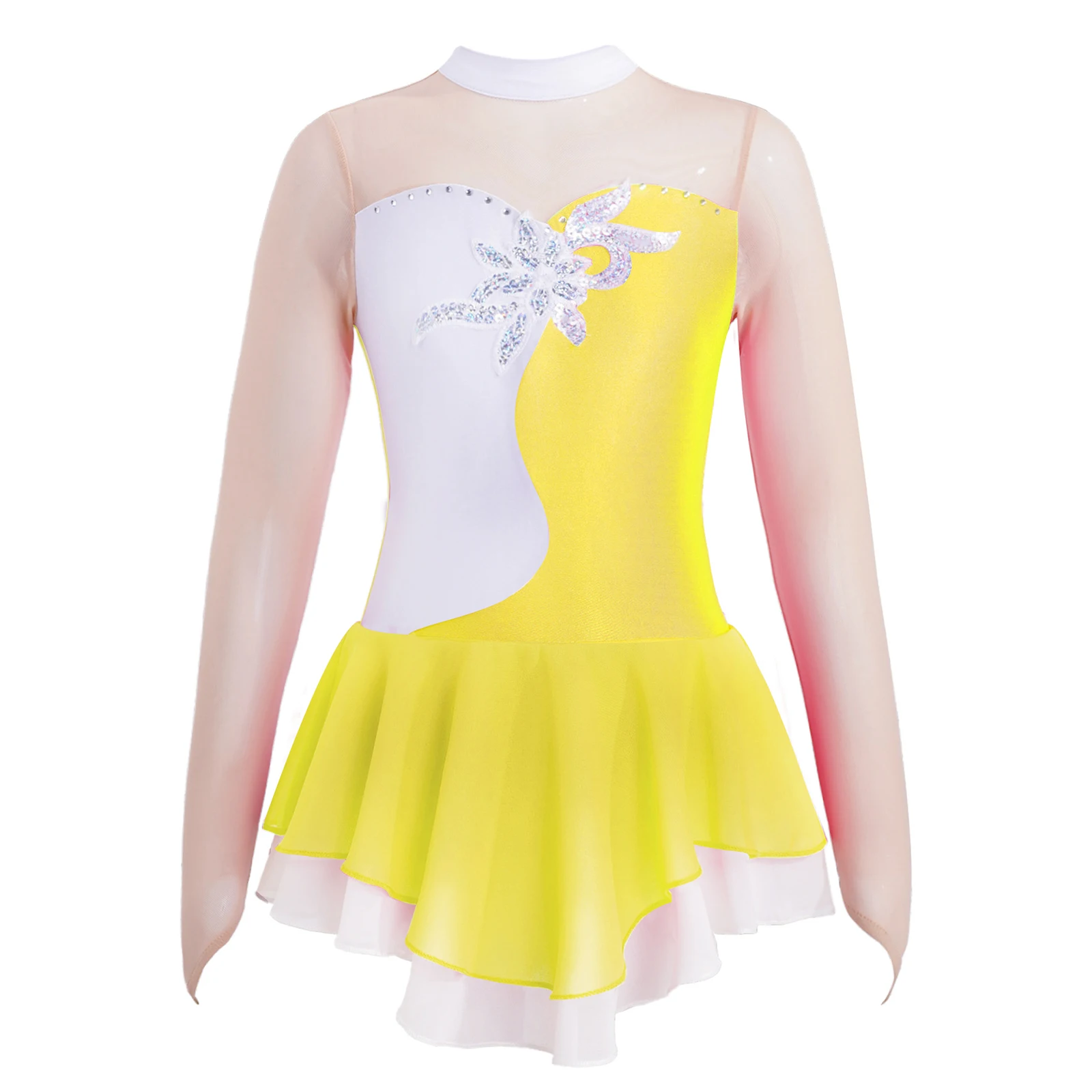 Figure Skating Dress Kids Girls Long Sleeve Rhinestone Patchwork Ballet Gymnastics Leotard Dance Dress for Dancing Competition