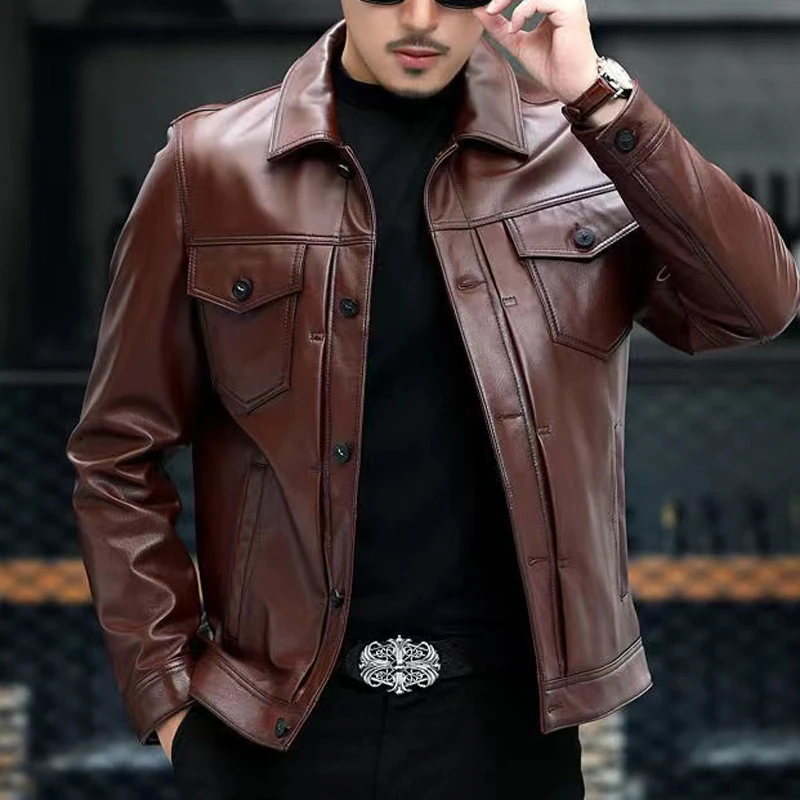 Genuine Leather Jacket Men High Quality Top Layer Cowhide Lapel Motorcycle Leather Coat Male Trend Casual Vetements Homme