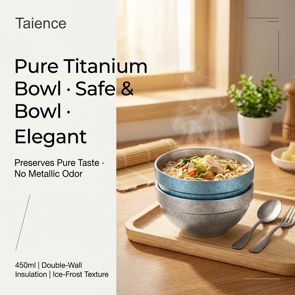 Taience Pure Titanium Bowl 450ml Double Wall Insulated Soup Rice Noodle Bowl Antibacterial Lightweight Gift Box