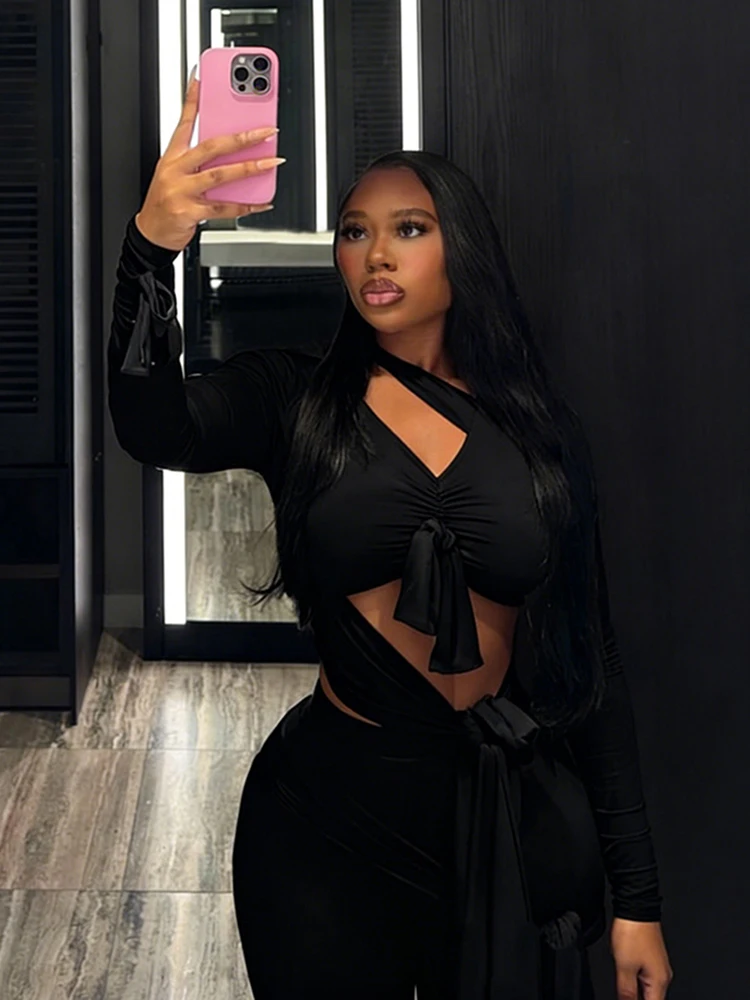 奇妙な猫柄イレギュラーノット2ピースセット レディース パッチワーク 長袖 ホロートップ+フレアパンツ セクシー タッセル ストレッチ クラブウェア オーバーオール