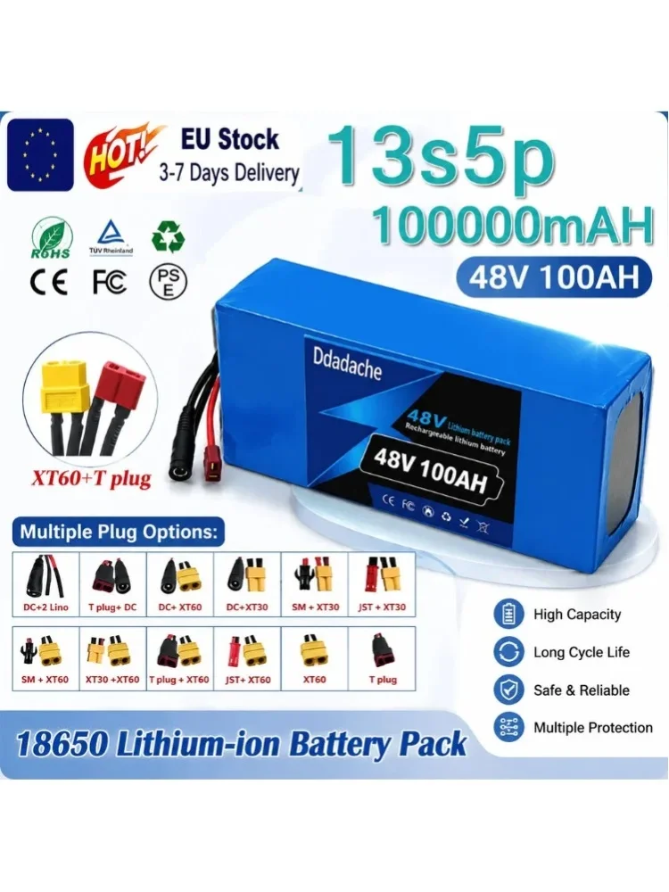 48V 100000mAh 13S5P 18650 Lithium-Akku mit integriertem intelligentem BMS, passend für 500W-1000W elektrische Geräte, E-Bike, Roller, Motor mit passendem Ladegerät