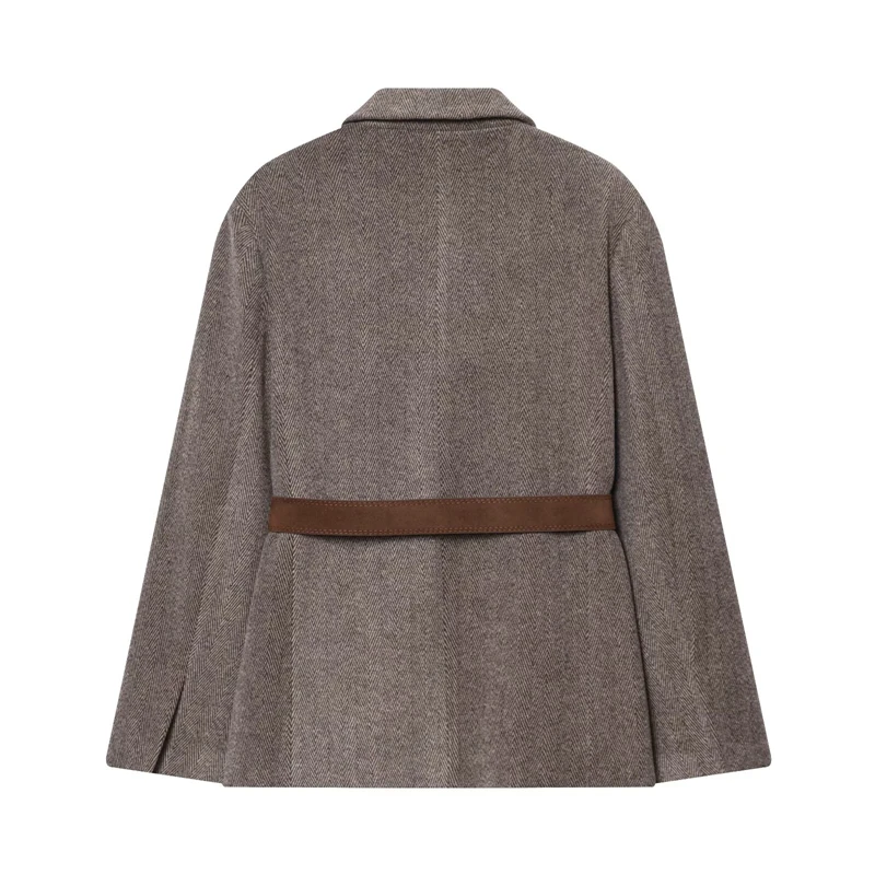 سترة تويد متعرجة للنساء مع حزام، سترة بنية واحدة الصدر وطية صدر السترة، مكتب أنيق وملابس خارجية غير رسمية" #3