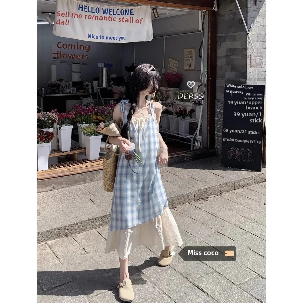 Red Two-Piece Illusion Plaid Lacetank Dress Women's Summer Seaside Vacation Style Long Dress Welcome Signboard