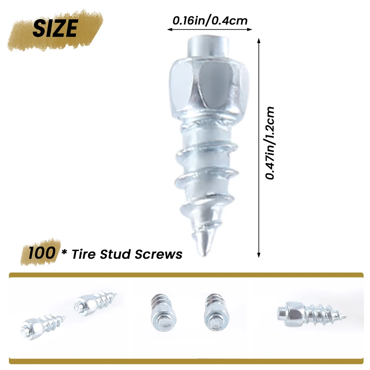 100PCS 12mm Tire Studs Carbide Screw Snow Spikes Anti-Slip Anti-Ice for Car/SUV/ATV/UTV Car Tire